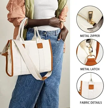 Canvas Tote Bag for Women Top Handle Handbag Crossbody Tote Bag for Women Canvas Tote Bag with Zipper Trendy Shoulder Bag Everything Tote Bag with Adjustable Strap