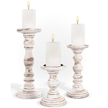 Large Candle Holders for Pillar Candles - Rustic Farmhouse Style Decor - 3 Piece Set