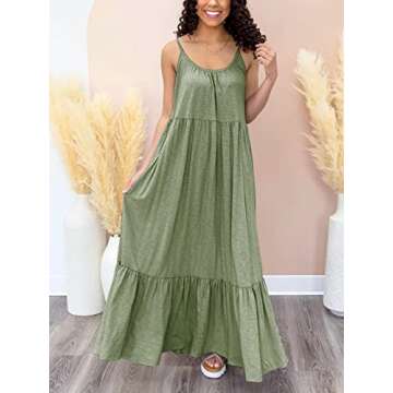 Mieazom Women's Sleeveless Maxi Dress Spaghetti Strap Summer Casual Loose Tiered Flowy Swing Beach Long Dresses with Pockets Green L