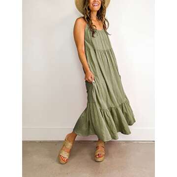 Mieazom Women's Sleeveless Maxi Dress Spaghetti Strap Summer Casual Loose Tiered Flowy Swing Beach Long Dresses with Pockets Green L