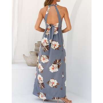 ZESICA Women's Halter Neck Floral Print Backless Split Beach Party Maxi Dress,Grey,Medium