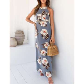 ZESICA Women's Halter Neck Floral Print Backless Split Beach Party Maxi Dress,Grey,Medium
