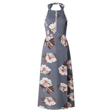 ZESICA Women's Halter Neck Floral Print Backless Split Beach Party Maxi Dress,Grey,Medium