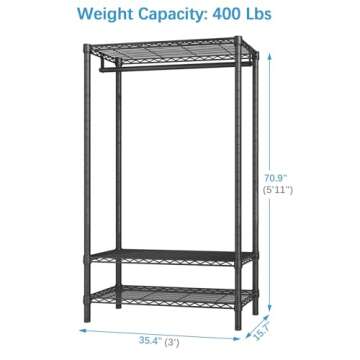VIPEK V1S Wire Garment Rack 3 Tier Heavy Duty Clothes Rack for Hanging Clothes Portable Closet with Hanging Rod Adjustable Wire Shelving Clothing Rack Freestanding Wardrobe, Max Load 400LBS, Black