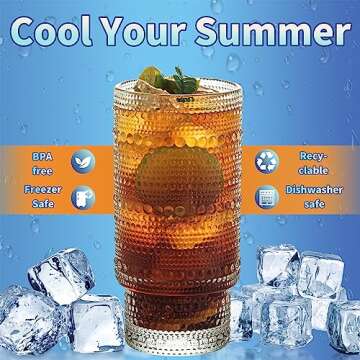 Romantic Highball Drinking Glasses Set of 4, Beaded Glassware, 16oz XL Hobnail Glassware, Vintage Gl...