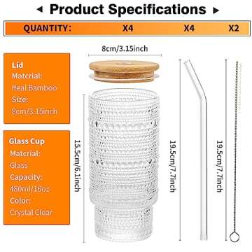 Romantic Highball Drinking Glasses Set of 4, Beaded Glassware, 16oz XL Hobnail Glassware, Vintage Glassware Set, Embossed Vintage Drinking Glasses for Beer, Cocktail, Soda, Beverage (16oz with lid)