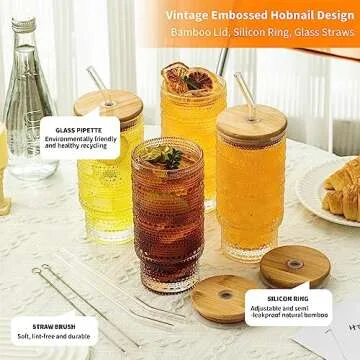 Romantic Highball Drinking Glasses Set of 4, Beaded Glassware, 16oz XL Hobnail Glassware, Vintage Glassware Set, Embossed Vintage Drinking Glasses for Beer, Cocktail, Soda, Beverage (16oz with lid)