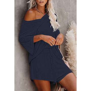 Meenew Women's 2 Piece Shorts Set Loose Short Sleeve Pajama Set Sleepwear XL Navy Blue
