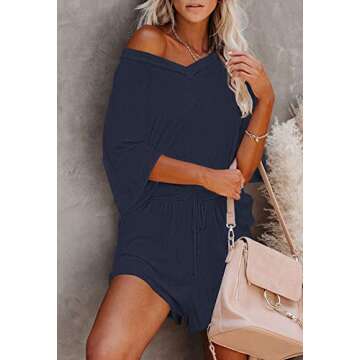 Meenew Women's 2 Piece Shorts Set Loose Short Sleeve Pajama Set Sleepwear XL Navy Blue