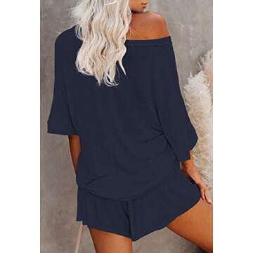 Meenew Women's 2 Piece Shorts Set Loose Short Sleeve Pajama Set Sleepwear XL Navy Blue