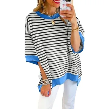 Women Striped Colorblock Oversized T Shirt Exposed Seam High Low Pullover Crewneck Short Sleeve Blou...