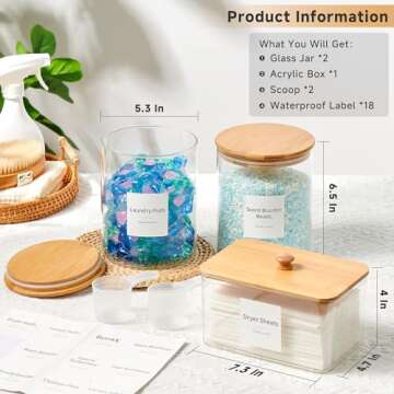 Glass Jars and Acrylic Dryer Sheet Holder, Laundry Pods Container with Bamboo Lids, Scoops & Labels,...