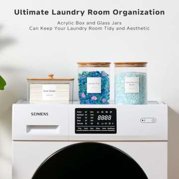 Glass Jars and Acrylic Dryer Sheet Holder, Laundry Pods Container with Bamboo Lids, Scoops & Labels, Laundry Room Organization and Storage for Laundry Detergent, Powder, Dryer Balls, Beads Organizer