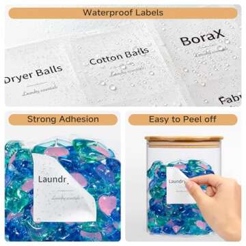 Glass Jars and Acrylic Dryer Sheet Holder, Laundry Pods Container with Bamboo Lids, Scoops & Labels, Laundry Room Organization and Storage for Laundry Detergent, Powder, Dryer Balls, Beads Organizer