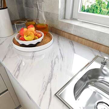 LACHEERY Glossy White Marble Contact Paper 160 x 24 Inch Wide Marble Peel and Stick Countertop Conta...