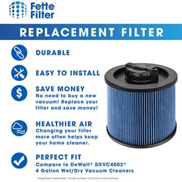 Fette Filter - DXVC4002 High Efficiency Cartridge Filter Replacement Compatible with Compatible with DeWalt DXV04T, DXV05P, DXV05S, DXV08S, DXV06G 4 Gallon Wet/Dry Vacuum Cleaners - Pack of 2