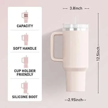 KISSKIND Tumbler With Handle 40 oz Travel Mug Straw Covers Cup with Lid Insulated Quencher Stainless Steel Water Iced Tea Coffee Gift Cream