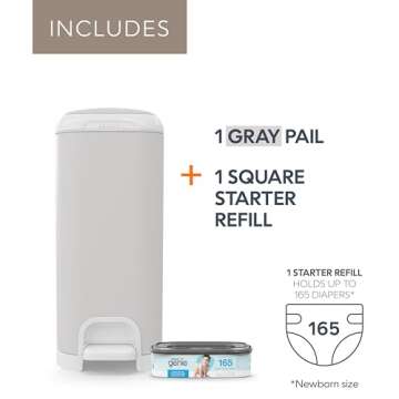 Diaper Genie Select Pail (Grey) is Made of Durable Stainless Steel and Includes 1 Starter Square Refill That can Hold up to 165 Newborn-Sized Diapers.