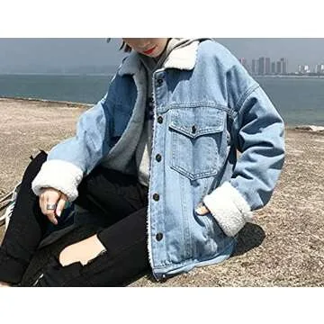 Snoly Women's Lapel Sherpa Lined Buttons Denim Jean Fleece Jackets Coats