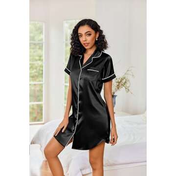Ekouaer Silky Nightgown for Women Button Down Nightshirt Boyfriend Sleep Shirt Short Sleeve Pajamas Dress Black S