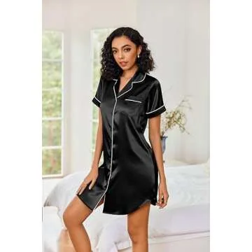 Ekouaer Silky Nightgown for Women Button Down Nightshirt Boyfriend Sleep Shirt Short Sleeve Pajamas Dress Black S