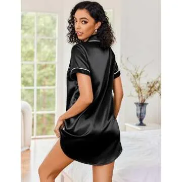 Ekouaer Silky Nightgown for Women Button Down Nightshirt Boyfriend Sleep Shirt Short Sleeve Pajamas Dress Black S