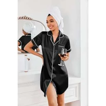 Ekouaer Silky Nightgown for Women Button Down Nightshirt Boyfriend Sleep Shirt Short Sleeve Pajamas Dress Black S