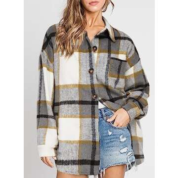 Beaully Women's 2024 Fall Clothes Plaid Shacket Jacket Long Sleeve Button Down Flannel Shirts Fashion Jacket