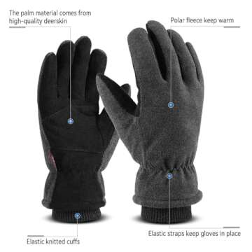 Winter Ski Gloves Cold Proof Insulated Work Glove for Driving Cycling Hiking Snow Skiing - Deerskin Suede Leather Warm Polar Fleece Waterproof Windproof Hand Warmer for Men and Women Grey-Black XL