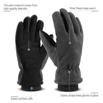 Winter Ski Gloves Cold Proof Insulated Work Glove for Driving Cycling Hiking Snow Skiing - Deerskin Suede Leather Warm Polar Fleece Waterproof Windproof Hand Warmer for Men and Women Grey-Black XL