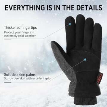 Winter Ski Gloves Cold Proof Insulated Work Glove for Driving Cycling Hiking Snow Skiing - Deerskin Suede Leather Warm Polar Fleece Waterproof Windproof Hand Warmer for Men and Women Grey-Black XL