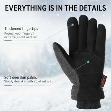 Winter Ski Gloves Cold Proof Insulated Work Glove for Driving Cycling Hiking Snow Skiing - Deerskin Suede Leather Warm Polar Fleece Waterproof Windproof Hand Warmer for Men and Women Grey-Black XL