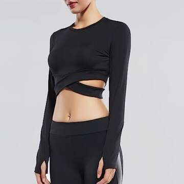 FITTOO Women's Crop Long Sleeves Workout Tops Font Criss-Crosss Sports Shirts Fitness Activewear Black S