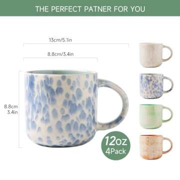 MONITO 12 OZ Coffee Mugs Set of 4 | Unique Ceramic Mugs for Tea & Cocoa