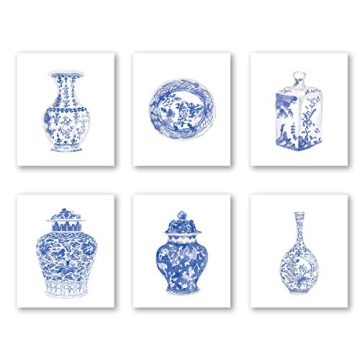 Chinoiserie Wall Art Print-- Bedroom or Study Decor -- Chinese Blue White Porcelain Vase Canvas Prin...