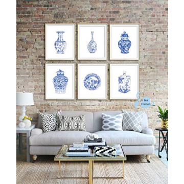 Chinoiserie Wall Art Print-- Bedroom or Study Decor -- Chinese Blue White Porcelain Vase Canvas Print ( Set of 6 )--Unframed--8X10 inch 1