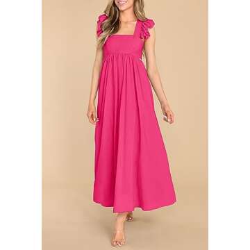 MITILLY Women's Summer Flutter Sleeve Square Neck Tie Back Casual Pleated A-Line Flowy Maxi Dress wi...