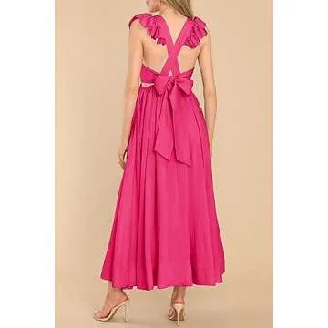 MITILLY Women's Summer Flutter Sleeve Square Neck Tie Back Casual Pleated A-Line Flowy Maxi Dress with Pockets Small Rose Red