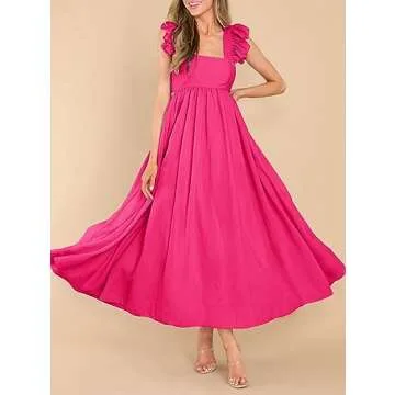 MITILLY Women's Summer Flutter Sleeve Square Neck Tie Back Casual Pleated A-Line Flowy Maxi Dress with Pockets Small Rose Red