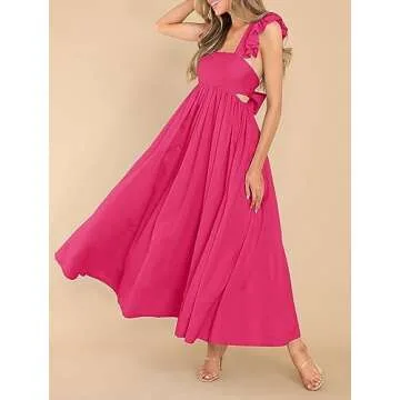 MITILLY Women's Summer Flutter Sleeve Square Neck Tie Back Casual Pleated A-Line Flowy Maxi Dress with Pockets Small Rose Red