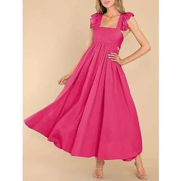 MITILLY Women's Summer Flutter Sleeve Square Neck Tie Back Casual Pleated A-Line Flowy Maxi Dress with Pockets Small Rose Red