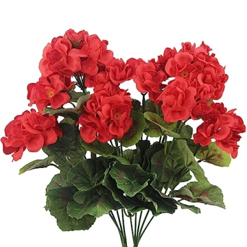 CISDUEO 2 Pcs Artificial Geraniums Silk Flowers Outdoor Artificial Red Geranium Bush Faux Flowers Re...