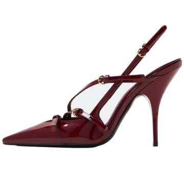 YIYA Cherry Red Slingback Kitten Heel for Women with Buckle Strap Closed Pointed Toe Burgundy Stiletto High Heels Backless Slip On Pumps Sandals