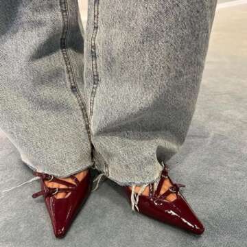 YIYA Cherry Red Slingback Kitten Heel for Women with Buckle Strap Closed Pointed Toe Burgundy Stiletto High Heels Backless Slip On Pumps Sandals