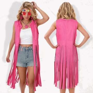 70 s Outfit for Women Brown Fringe Vest Hippie Sunglasses Headdress Necklace and Earring for Disco Party Halloween Costume Women(Brown,L)