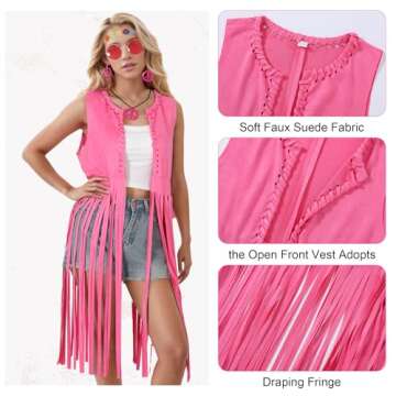 70 s Outfit for Women Brown Fringe Vest Hippie Sunglasses Headdress Necklace and Earring for Disco Party Halloween Costume Women(Brown,L)