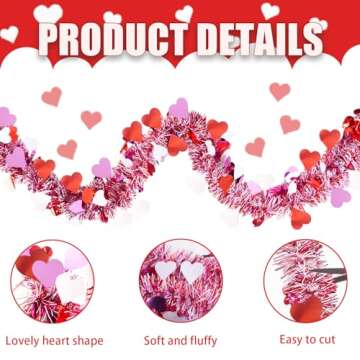 unlemoni 33FT Red Tinsel Garland, Red Pink White Heart Metallic Twist Garland Tree Hanging Garland for Home Wedding Party Window Door Decorations