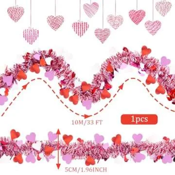 unlemoni 33FT Red Tinsel Garland, Red Pink White Heart Metallic Twist Garland Tree Hanging Garland for Home Wedding Party Window Door Decorations