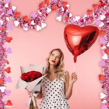 unlemoni 33FT Red Tinsel Garland, Red Pink White Heart Metallic Twist Garland Tree Hanging Garland for Home Wedding Party Window Door Decorations