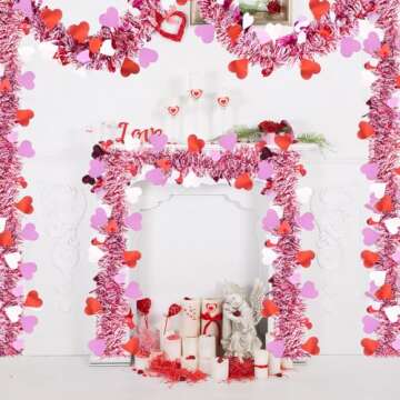 unlemoni 33FT Red Tinsel Garland, Red Pink White Heart Metallic Twist Garland Tree Hanging Garland for Home Wedding Party Window Door Decorations